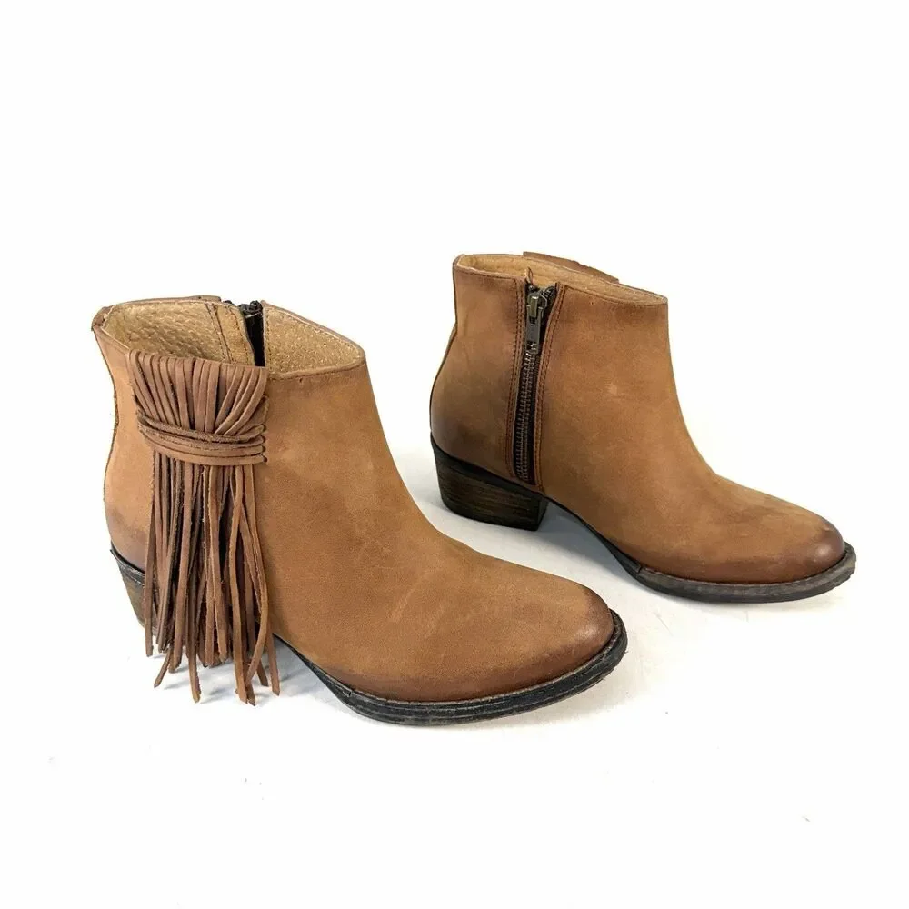 Womens Circle G Brown Leather Side Fringe Shortie Ankle Boots Size 6.5 M Zip
